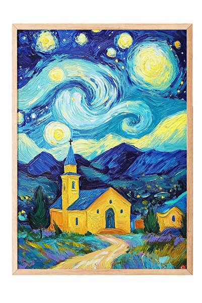 Zestia Tablou cu ramă din lemn, Van Gogh Starry Night Village Commentary, Pos...