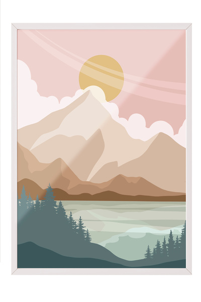 Zestia Tablou cu ramă albă, peisaj natural minimalist în tonuri de verde, pos...