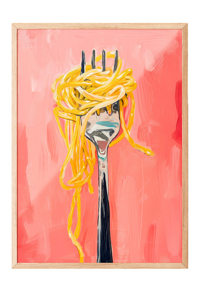 Zestia Tablou cu ramă din lemn, Desen umoristic cu spaghete și furculiță, Pos...