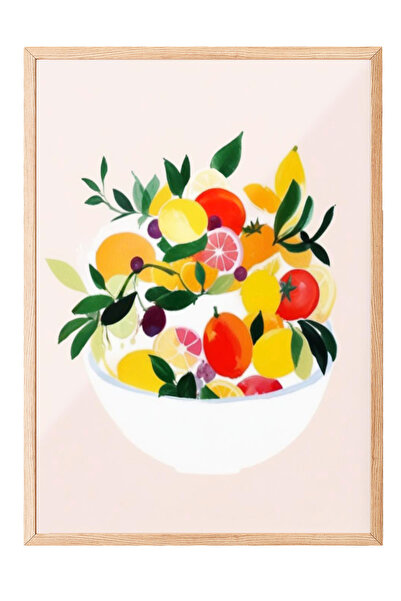 Zestia Tablou cu ramă din lemn, Ilustrație cu salată de fructe, Poster decora...