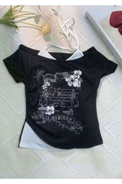 Minga London Black Nuit Magique Madonna Collar Y2K Short Sleeve Full Body Crop with Additional Strap -Minga London