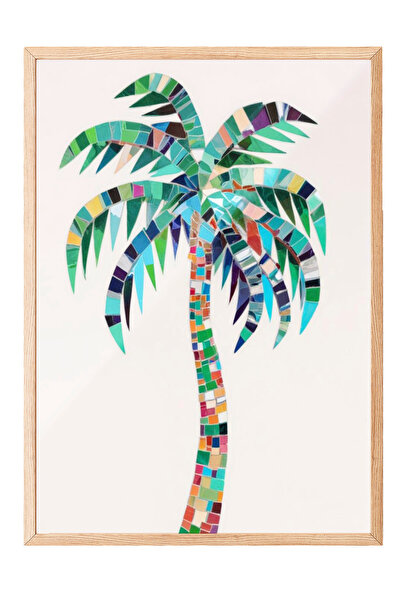 Zestia Tablou cu ramă din lemn, stil tropical cu palmieri, poster decorativ p...