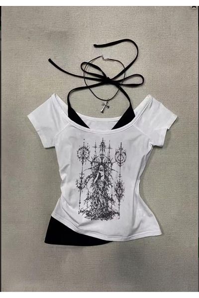 Minga London White Gothic Wizard Angel White Attached Y2K Short Sleeve Crop -Minga London