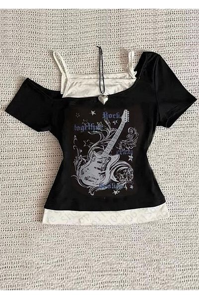 Minga London Black Gothic Guitar Madonna Collar with Additional Strap Y2K Short Sleeve Full Body Crop -Minga London