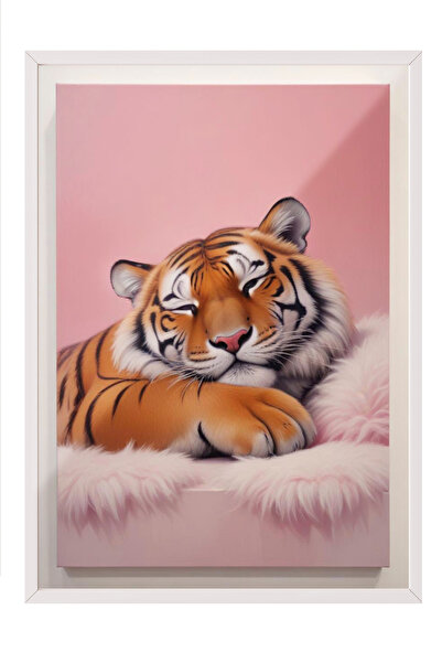 Zestia Tablou cu ramă albă, stil umoristic cu tigru pe fundal portocaliu, pos...