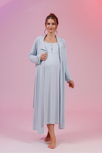 Yulem Homewear ثوب نوم طويل الأكمام من القطن باللون الأزرق للحوامل - مجموعة م...