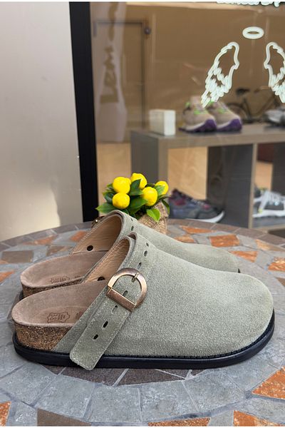 Lemoors Mary Jane Natural Cork Sole Genuine Suede Leather Light Green Color Sabo Slippers