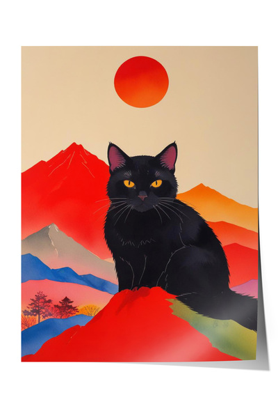 Zestia Poster fără ramă, pisică neagră cu fundal roșu, poster decorativ pentr...