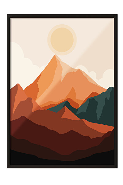 Zestia Tablou înrămat negru, peisaj montan la apus de soare, poster decorativ...