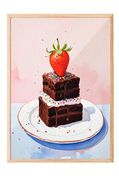 Zestia Tablou cu ramă din lemn, stil realist cu detaliu tort cu căpșuni, post...