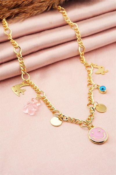 By Zeyna Aksesuar Women's Special Design Pink Color Mixed Figure Evil Eye Necklace
