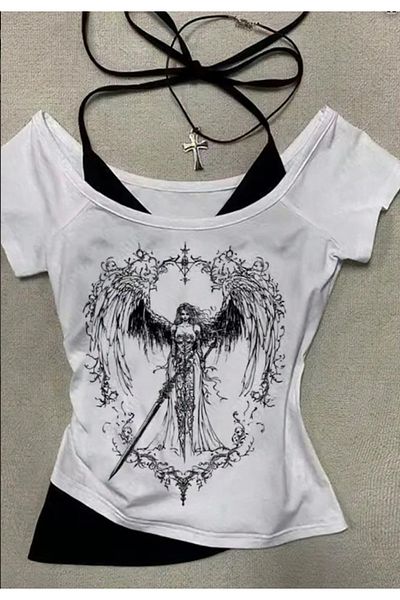 Minga London White Sword Warriror Angel Madonna Guler cu curea suplimentară Y2K cu mânecă scurtă Full Body Crop-Minga London