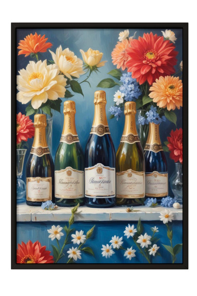 Zestia Tablou înrămat negru, sticle de vin și flori, poster decorativ pentru ...