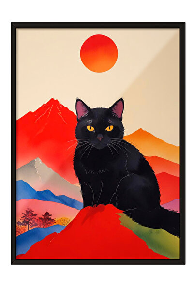 Zestia Εικόνα με μαύρο πλαίσιο, Μαύρη γάτα με κόκκινο φόντο, Διακοσμητική αφί...
