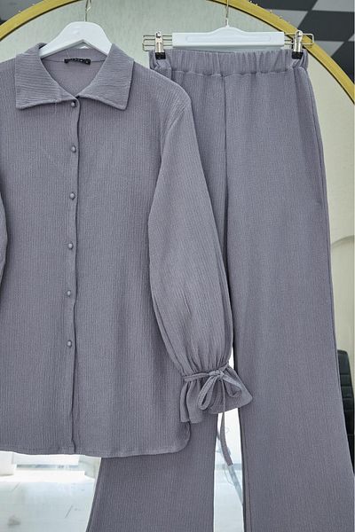 Modamorfo Top Buttoned Sleeve Lace up Crinkle Suit - Gray