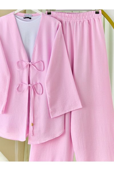 Modamorfo Set kimono cu pantaloni cu legături duble în față - roz
