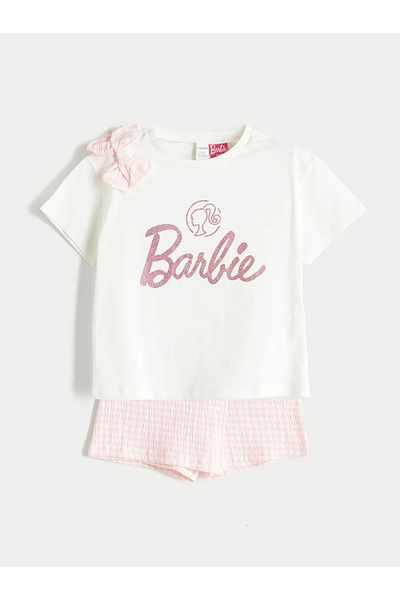 LC Waikiki Lcw Kids Ecru Barbie Printed Girl's T-Shirt and Shorts 2-Pack