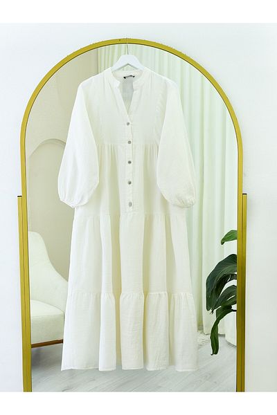 Modamorfo Half Button Piece Muslin Dress -Ecru