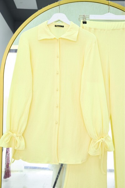 Modamorfo Top Buttoned Sleeve Lace-Up Crinkle Suit - Light Yellow