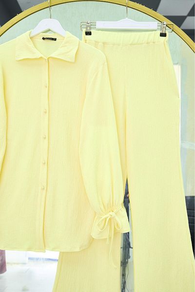 Modamorfo Top Buttoned Sleeve Lace-Up Crinkle Suit - Light Yellow