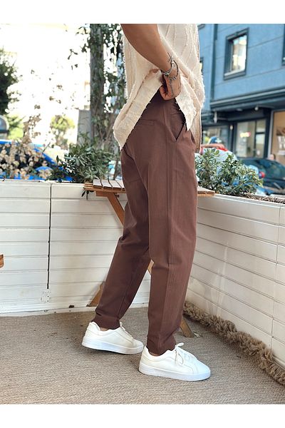 manch collection Regular Fit Pleated Linen Trousers Brown