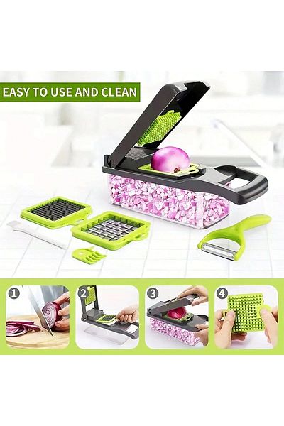 OEM Aparat multifuncțional de tocat legume și fructe, feliere julienne, 16 bucăți, verde, oțel inoxidabil