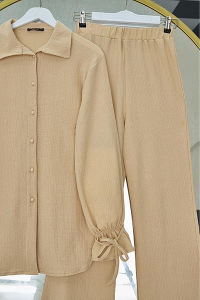 Modamorfo Top Buttoned Sleeve Lace-Up Crinkle Suit -Beige