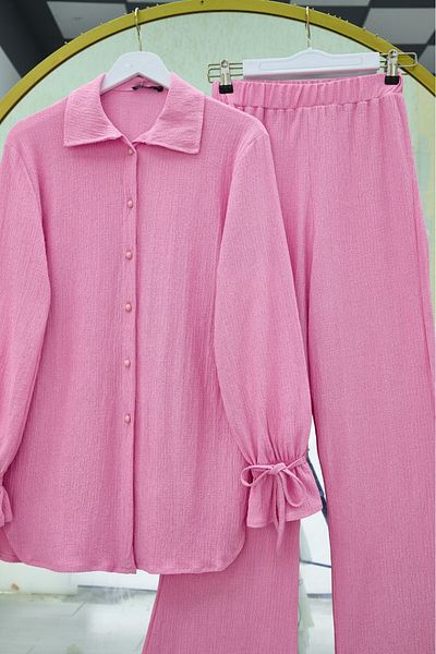 Modamorfo Top Buttoned Sleeve Lace-Up Crinkle Suit -Pink