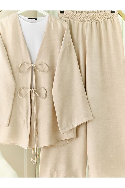 Modamorfo Kimono Suit with Double Tie Front Trousers - Stone