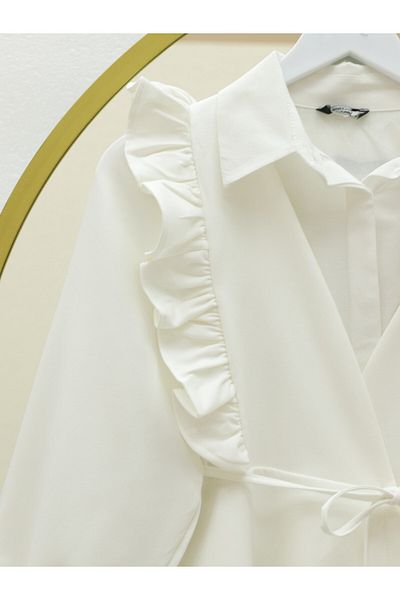 Modamorfo Kimono Suit with Ruffled Front, Lace-Up Skirt and Layered Trousers - White