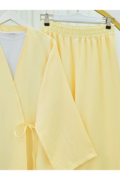 Modamorfo Kimono Suit with Tie Front Trousers - Light Yellow