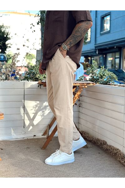 manch collection Regular Fit Pleated Linen Trousers Cream