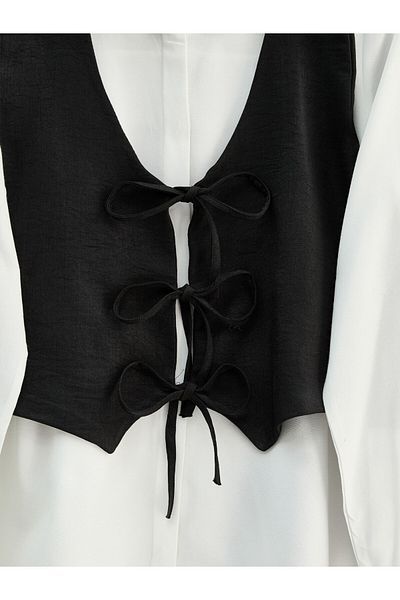 Modamorfo Set de două piese vestă și pantaloni cu legături în față - negru