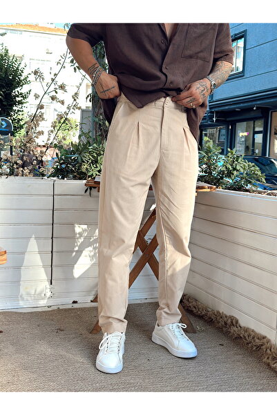 manch collection Κρέμα λινό παντελόνι με κανονική φόρμα