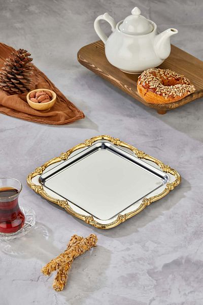 Turkco Square Frame Series Metal Presentation Promise Engagement Tray, Silver Tray Gold Accessory
