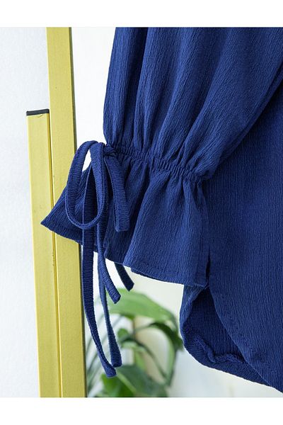 Modamorfo Top Buttoned Sleeve Lace-Up Crinkle Suit -Indigo