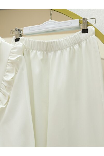 Modamorfo Kimono Suit with Ruffled Front, Lace-Up Skirt and Layered Trousers - White