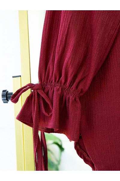Modamorfo Top Buttoned Sleeve Lace-Up Crinkle Suit - Burgundy