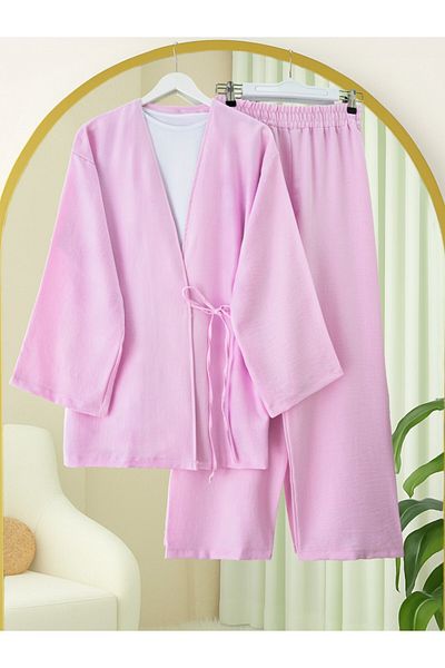 Modamorfo Kimono Suit with Tie Front Trousers -Pink