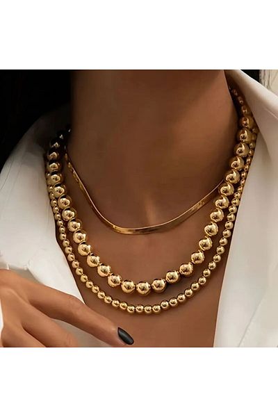 Vintage accessory Retro 3-Piece Gold Bead and Straw Weave Necklace Set