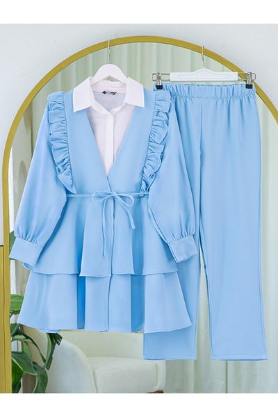 Modamorfo Kimono Set with Ruffled Front, Lace-Up Skirt and Layered Trousers - Baby Blue