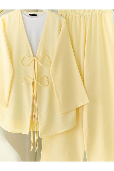 Modamorfo Kimono Suit with Double Tie Front Trousers - Light Yellow