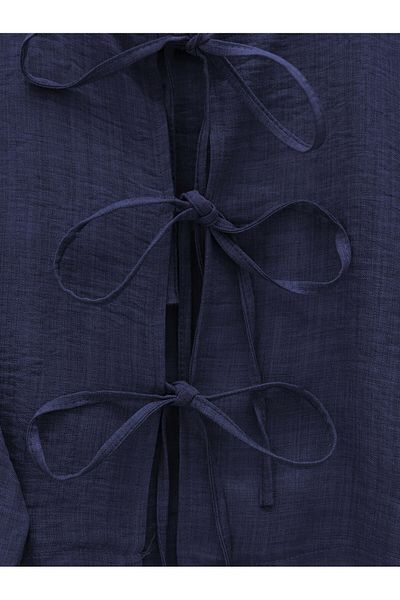 Modamorfo Linen Suit with Lace Front and Elastic Waist Skirt - Navy