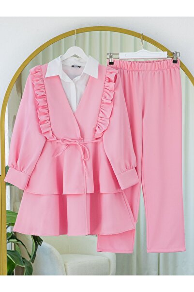 Modamorfo Kimono Suit with Ruffled Front, Lace-Up Skirt and Layered Trousers - Pink