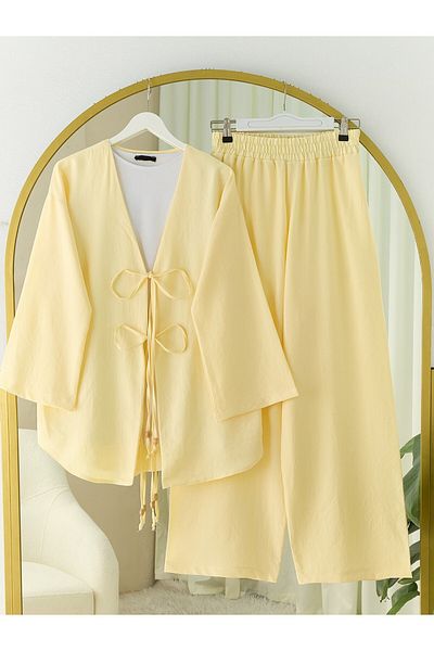 Modamorfo Kimono Suit with Double Tie Front Trousers - Light Yellow