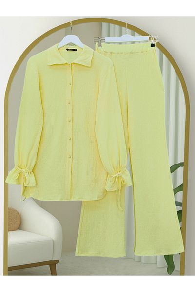 Modamorfo Top Buttoned Sleeve Lace-Up Crinkle Suit - Light Yellow