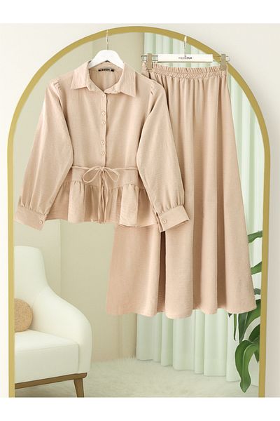 Modamorfo Piece Gathered Blouse Skirt Set -Beige