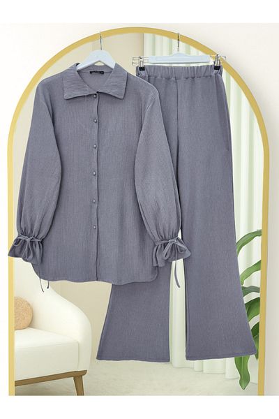 Modamorfo Top Buttoned Sleeve Lace up Crinkle Suit - Gray