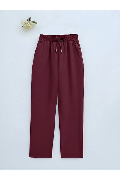 Modamorfo Double Pocket Elastic Waist Lace Detailed Trousers - Claret Red