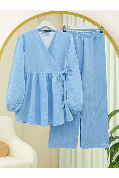 Modamorfo Muslin Suit with Elastic Sleeves and Lace-Up - Blue